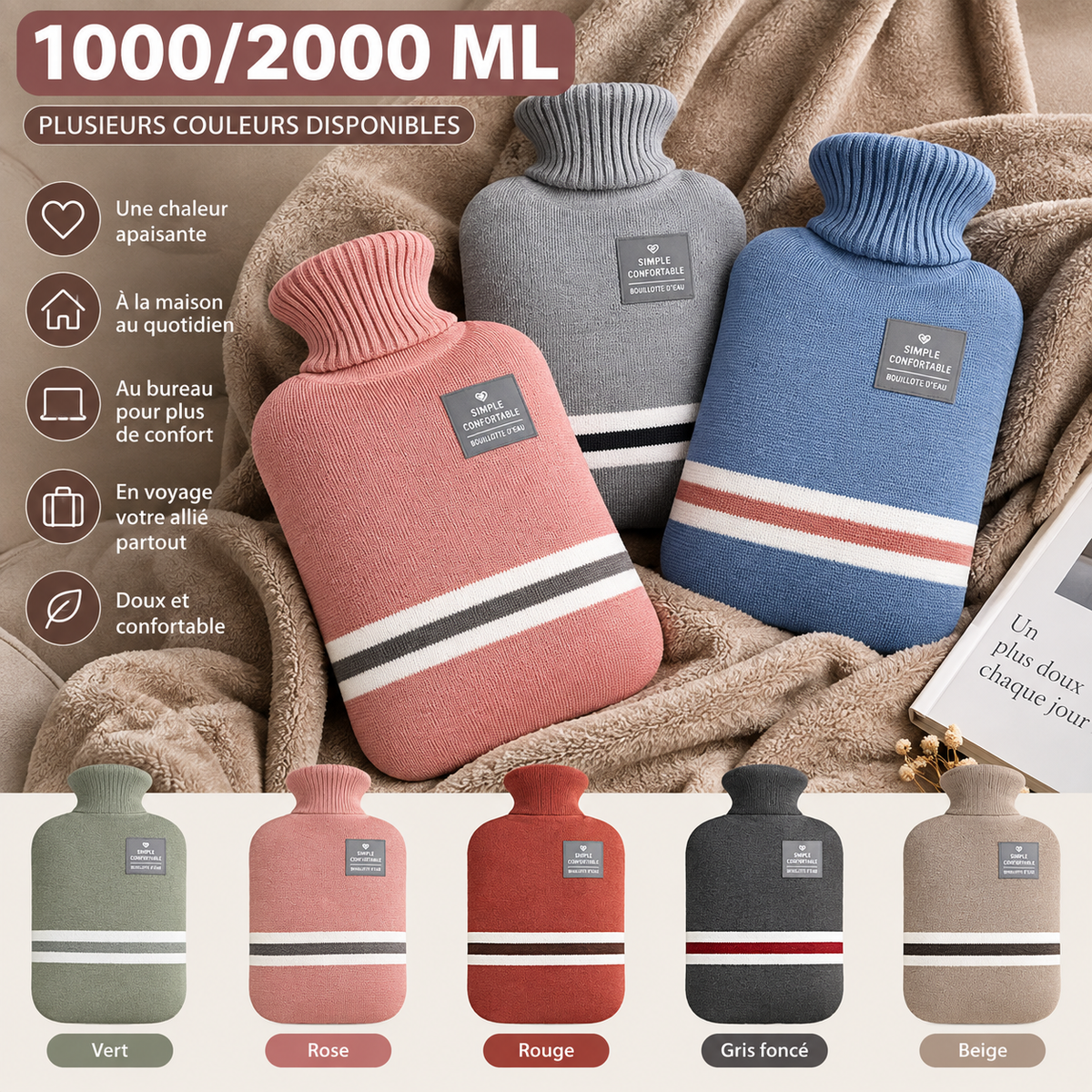 Bouillotte à Eau 1L & 2L avec Housse Tricotée